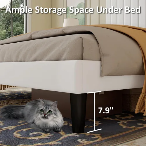 Vista 4 de Base de cama tamaño Queen tapizada en terciopelo con estación de carga, soporte de listones de madera, base de colchón, somier opcional, color blanco