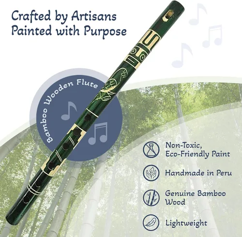Vista 2 de Flauta de madera de bambú de colores nativos tribales con patrón de flauta de viento de madera, regalos hechos a mano, instrumentos musicales Verde