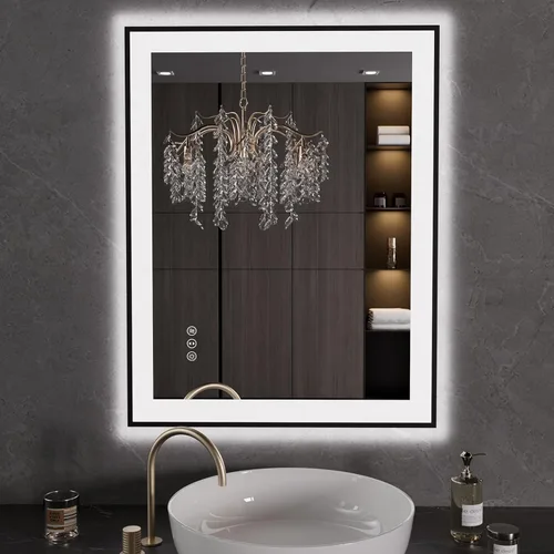 Vista 8 de LOAAO Espejo de baño LED de 20 x 28 pulgadas, marco negro, antiniebla, regulable, espejo de tocador de baño iluminado para pared, función