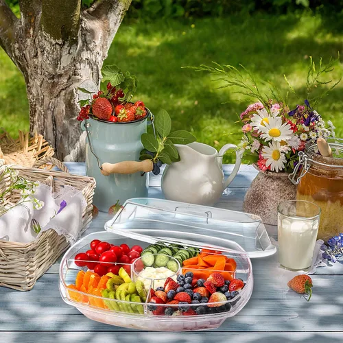 Vista 7 de IVYHOME Bandeja de servir refrigerada de 3 niveles con tapa, bandeja de servir frutas con hielo de 15 pulgadas con 4 compartimentos, plato