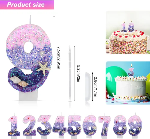 Vista 2 de Velas de cumpleaños, velas número 0, decoración de pastel de cumpleaños con temática de sirena, velas de feliz cumpleaños para pasteles, velas