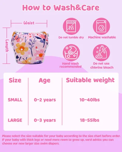 Vista 37 de Alva, Pañales de bebé para nadar, paquete de 2 unidades, talle único, reutilizable, lavable y ajustable de 0 a 36 meses. Tamaño de 10 a 40 lbs