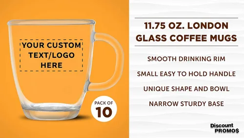 Vista 3 de DISCOUNT PROMOS Juego de 10 tazas de cerámica de vidrio Londres, 11.75 oz. - Texto personalizable, logotipo, vasos para bebidas, café, mango en C