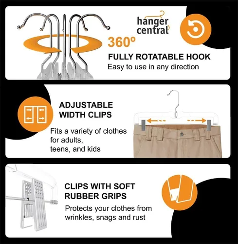 Vista 7 de Hanger Central Perchas transparentes de alta calidad para pantalones de 14 pulgadas con clips ajustables, paquete de 12 perchas para faldas que