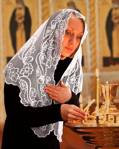 Vista 4 de Bozidol Chapel Veils Catholic Mass Mantilla - Virgen y Niño Bordado Encaje Triángulo Cubiertas de Cabeza Velo Floral Iglesia