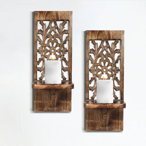 Vista 8 de Juego de 2 apliques de velas rústicos para montaje en pared - Portavelas de pilar de estante flotante de madera, decoración de pared de granja