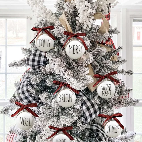 Vista 3 de Adornos de Navidad - Juego de 12 Bombillas Blancas Resistente a Romperes Adornos con Lazos de Cuadros de Búfalo - Decoraciones Rústicas de Árbol