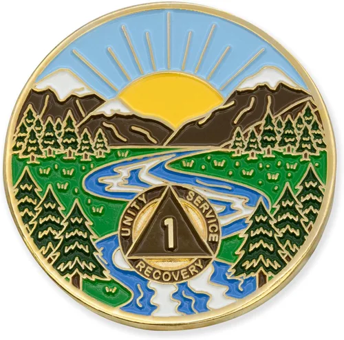 Vista 26 de Moneda AA de 1 año – Medallón de recuperación de ondas estrelladas de Sobriety Mint – azul/blanco/dorado