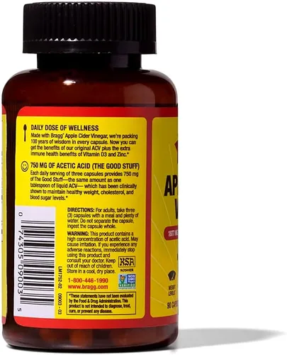 Vista 9 de Bragg - Cápsulas de vinagre de sidra – Vitamina D3 y zinc – 750 mg de ácido acético – Refuerzo inmune y de control del peso – sin transgénicos