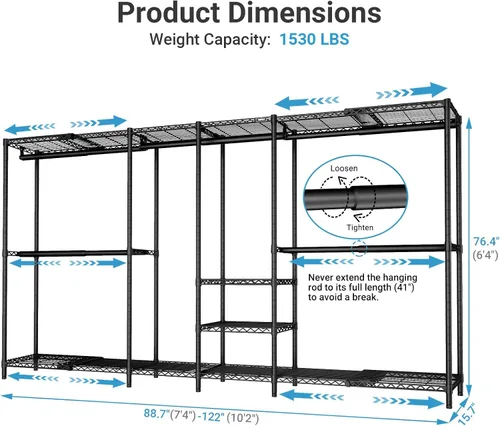 Vista 12 de VIPEK X4 - Perchero extensible de alta resistencia, ajustable de 7 pies 4 pulgadas a 10 pies 2 pulgadas, con estantes ajustables y barras