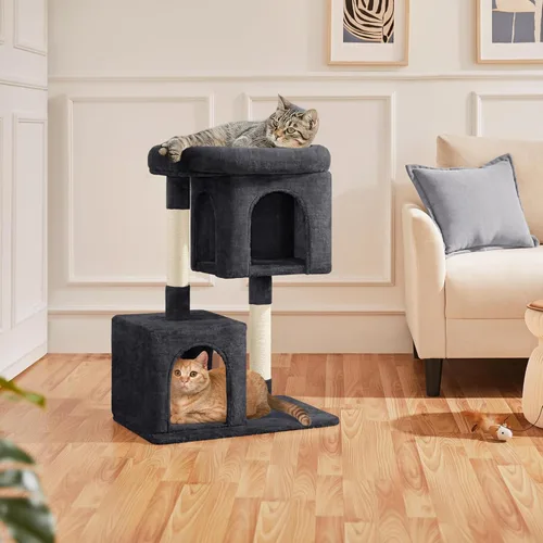Vista 9 de Yaheetech Árbol para gatos de 33.5 pulgadas, torre pequeña para gatitos con gran percha y 2 acogedores condominios, postes de rascar de sisal