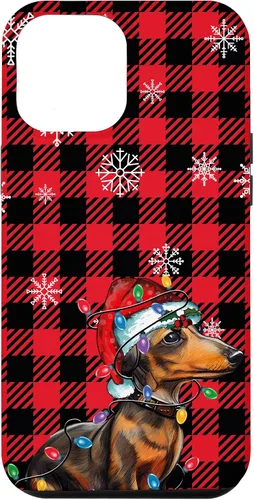Vista 26 de iPhone 16 Dachshund Christmas Phone Case Red Plaid Pattern Christmas Lights Case