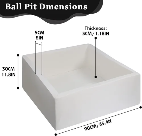 Vista 8 de Piscina cuadrada de espuma para niños pequeños, 35 x 35 x 12 pulgadas, piscina suave con funda extraíble, corralito de bolas de esponja Blanco