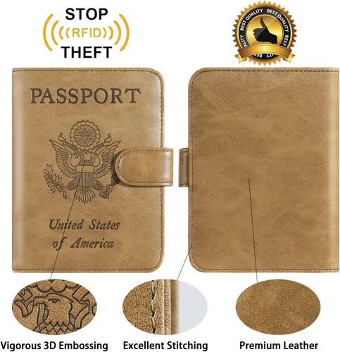 Vista 4 de Funda para pasaporte, cartera con bloqueo RFID, funda de piel para tarjetas, accesorios de viaje para mujeres y hombres, 111#Marrón, Ranura