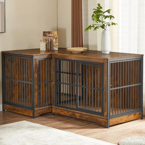 Vista 9 de Rovibek 78 jaulas dobles para perros para 2 perros grandes de interior, muebles de madera con cuenco para perros, muebles para perreras, soporte