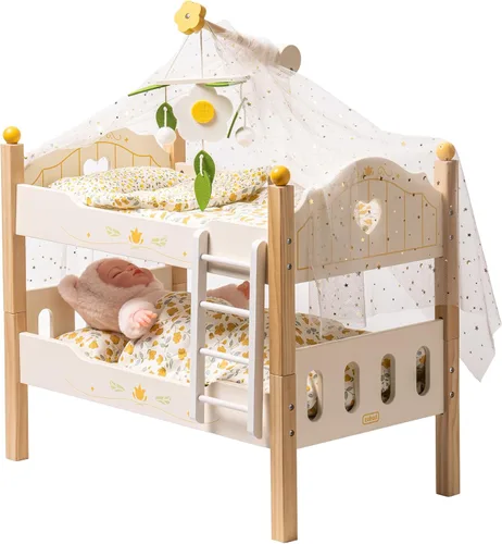 Vista 10 de ROBUD Cuna para Muñeca Bebé, Camas de Madera para Muñecas de 20 Pulgadas, Literas Azules para Muñeca Bebé con Tul, Cama para Muñeca American Girl