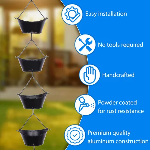 Vista 3 de Cadena de lluvia para copa de barco de 8.5 pies, hierro recubierto de polvo negro, elegantes cadenas de lluvia para canaletas