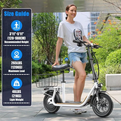 Vista 101 de Caroma Electric Scooter with Seat, Max 30 Miles Range&20MPH Speed, Peak 800/1200W Motor, Foldable Electric Scooter for Adults and Teens, Commuter E