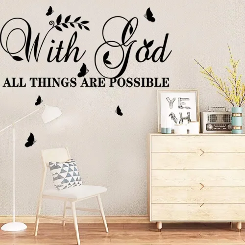 Vista 2 de Calcomanías inspiradoras de pared con texto en inglés «God All Things Possible»