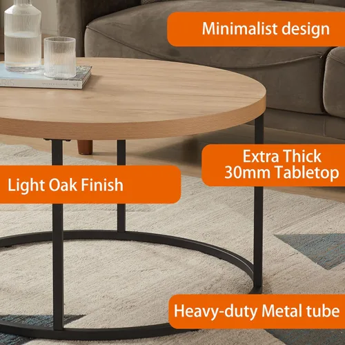 Vista 5 de CENSI Mesa auxiliar redonda de 31.5 pulgadas, moderna mesa central industrial de madera de roble natural para sala de estar, patas de metal