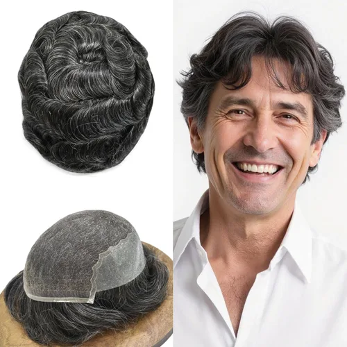 Vista 119 de Toupee - Sistemas de reemplazo de cabello para hombre, encaje frontal suizo, nudo blanqueado, pieza de cabello humano natural