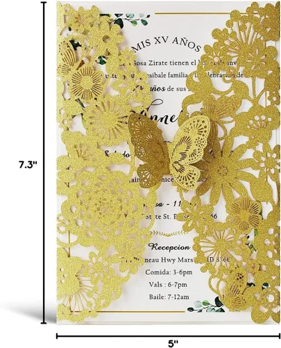Vista 59 de Hosmsua 20 tarjetas de invitación de boda de champán con sobres de 5.12 x 7.3 pulgadas, cortadas con láser, mariposa, encaje, invitación para boda
