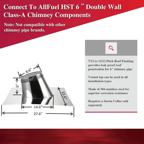 Vista 2 de AllFuel HST Vented 7/12 a 12/12 paso de techo intermitente para 6 pulgadas de diámetro de acero inoxidable 304 todo combustible Clase A de doble