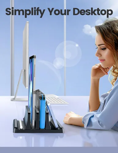 Vista 7 de Vaydeer Soporte Vertical para Laptop para Escritorio, Soporte de Laptop de Plástico de Doble Ranura con Diseño 4 en 1 que Ahorra Espacio