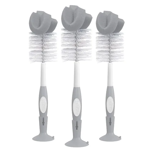 Vista 2 de Dr. Brown's Juego de cepillos de limpieza de biberones de esponja reutilizable con soporte de ventosa, limpiador y limpiador de pezones, gris
