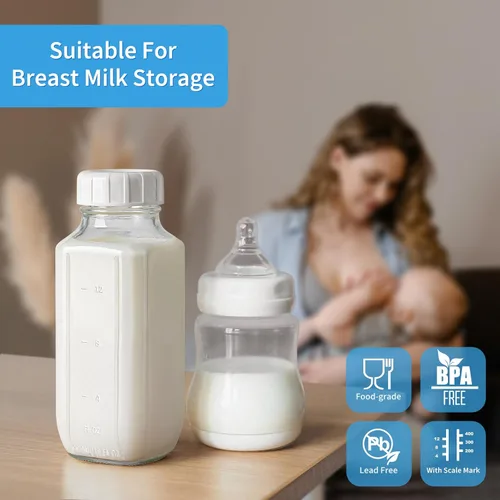 Vista 5 de Syntic Botellas de jugo de vidrio con tapas, paquete de 3 botellas de agua de vidrio transparente con 2 boquillas de vertido, jarra de leche