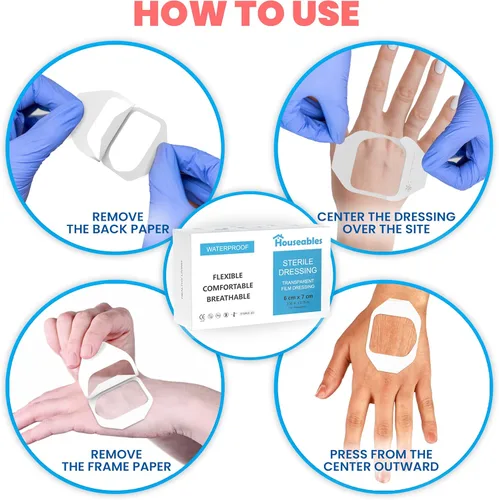 Vista 5 de Houseables Película de vendajes impermeable, apósito transparente, parches para protección de la piel, 2 3/8 x 2 3/4 pulgadas, transparente, caja