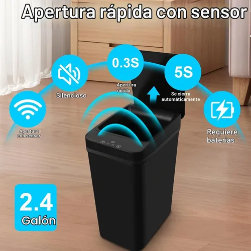 Vista 5 de Basurero de baño, basurero inteligente sin contacto, cubo de basura automático con sensor de movimiento con tapa, cubo de basura de 2.4 galones Negro