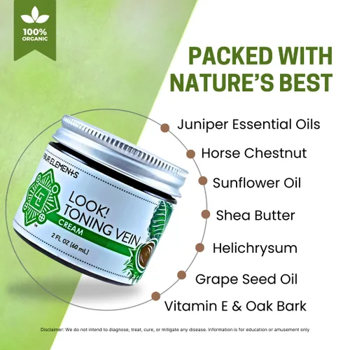 Vista 3 de Four Elements 4E ¡Mira! Crema tonificante para venas, cuidado de la piel orgánico certificado con castaño de indias y cola Gotu, 2 onzas