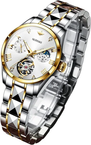 OUPINKE Relojes automáticos de lujo para mujer, volante de diamante, dos tonos, acero inoxidable, banda de tungsteno fase lunar, 24 horas