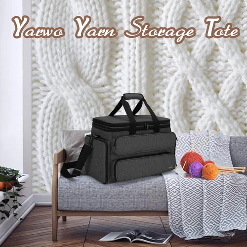 Vista 9 de Yarwo Bolsa de hilo para tejer, bolsa de almacenamiento portátil de ganchillo con doble cubierta superior y agujeros de hilo para agujas de tejer