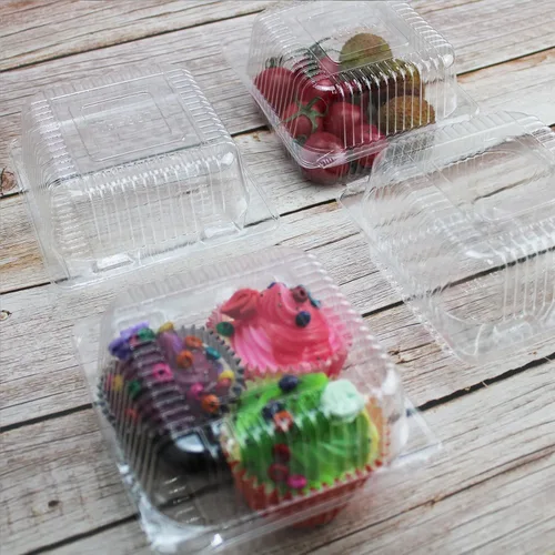 Vista 7 de Recipientes de alimentos cuadrados transparentes con bisagras, 50 recipientes para rebanadas de pastel, bandeja desechable para llevar, 5.3 x 4.7 x