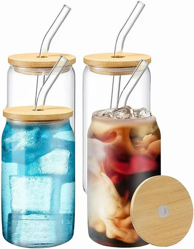 Vista 10 de WISIMMALL - Juego de 2 vasos de vidrio con tapas de bambú y pajita de vidrio, vasos de 16 onzas con tapas y pajitas, para cerveza, café helado