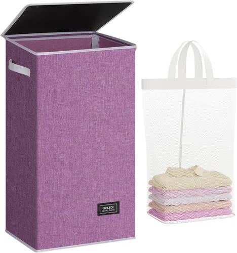Vista 45 de SOLEDI - Canasta de lavandería con tapa de 100L, canasta de ropa plegable grande y alta, cesta de lavandería con bolsa removible fácil