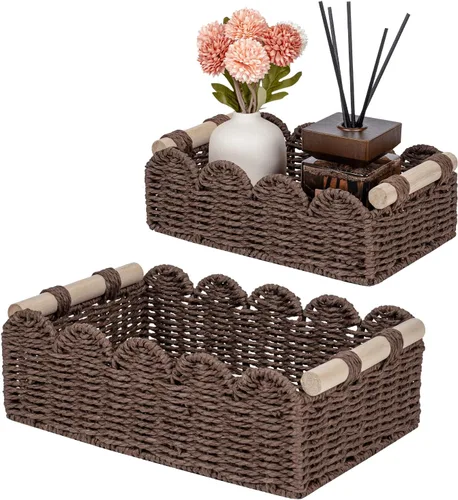 Vista 16 de CubesLand Canastas decorativas de cuerda de papel con borde festoneado para el hogar, sala de estar, dormitorio, cesta de inodoro para estante