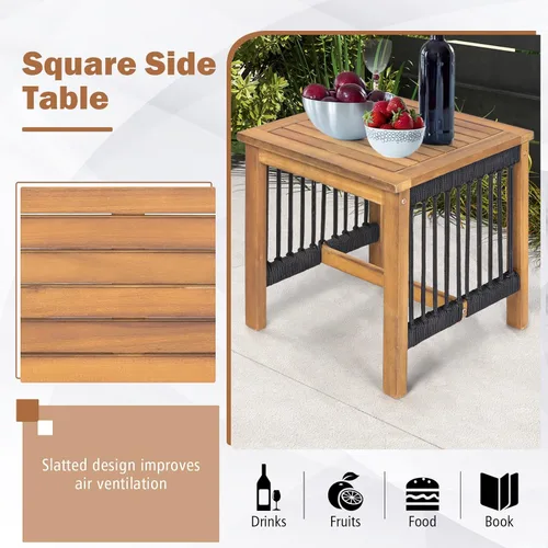 Vista 5 de HAPPYGRILL Juego de bistró mecedora de madera de acacia, juego de 3 piezas para patio con mesa auxiliar, juego de conversación de madera para todo