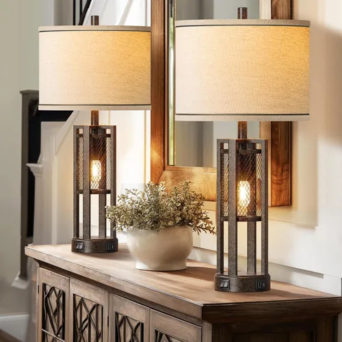 Vista 8 de Juego de 2 lámparas de mesa industriales de granja de 28 pulgadas - Lámparas rústicas de mesita de noche con puertos USB A+C duales, lámparas
