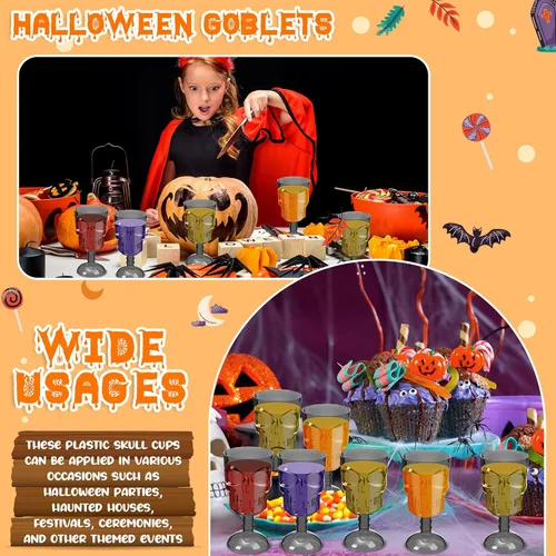 Vista 4 de Bokon Juego de 12 copas de Halloween, copas de calavera, decoración de mesa gótica, copa de vino de plástico, suministros para fiesta de Halloween