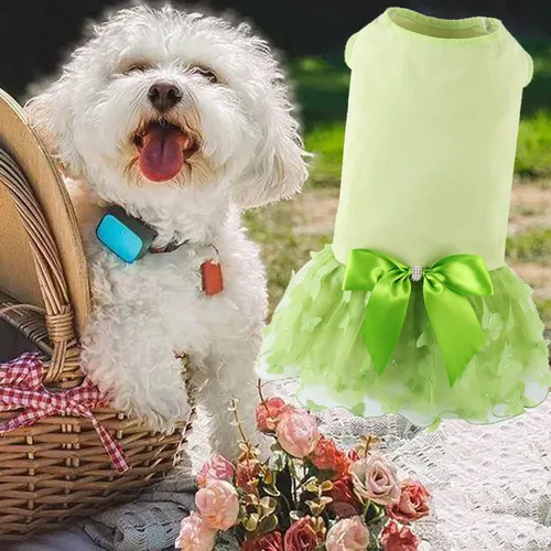 Vista 4 de Vestido de algodón suave para perro, falda tutú con mariposa cúbica, vestido de princesa para perros pequeños y medianos, Navidad, vacaciones, Verde