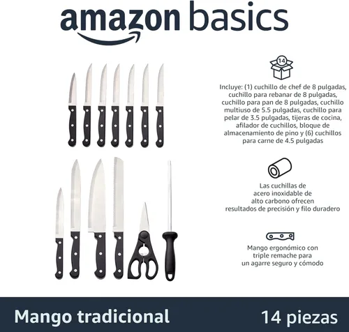 Vista 2 de Amazon BasicsJuego de cuchillos de cocina de 14 piezas, cuchillas de acero inoxidable de alto carbono con bloqueo de madera de pino, negro