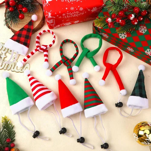 Vista 4 de JUNEBRUSHS Mini sombreros y bufandas de Papá Noel, 12 piezas de accesorios de Navidad para mascotas, rojo, verde, blanco, ajustable, se adapta a