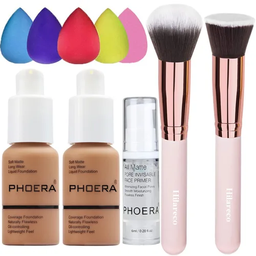 Vista 13 de PHOERA - Base de maquillaje mate de cobertura completa, brochas de maquillaje Kabuki (101 porcelana + 102 desnudos)