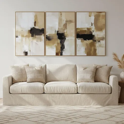 Vista 13 de Zessonic Arte de Pared 3D con Textura Grande Conjunto Neutro de 3-24"x36" Pinturas de Lienzo Abstractas Pintadas a Mano Enmarcadas Marrones