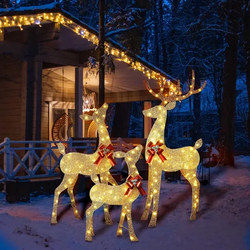 Vista 7 de YULETIME - Familia de renos navideños de 3 piezas con iluminación previa 2.5D, decoración navideña de ciervos con purpurina iluminada con luces LED
