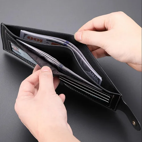 Vista 5 de Billetera para hombre con clip, material de poliuretano, 3 tarjeteros de crédito, 2 bolsillos para dinero, 1 ventana transparente, adecuada