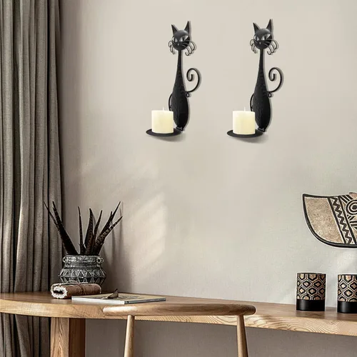 Vista 5 de Candelabro de pared de gato de metal negro para velas de pilar velas LED sin llama (2 gatos)